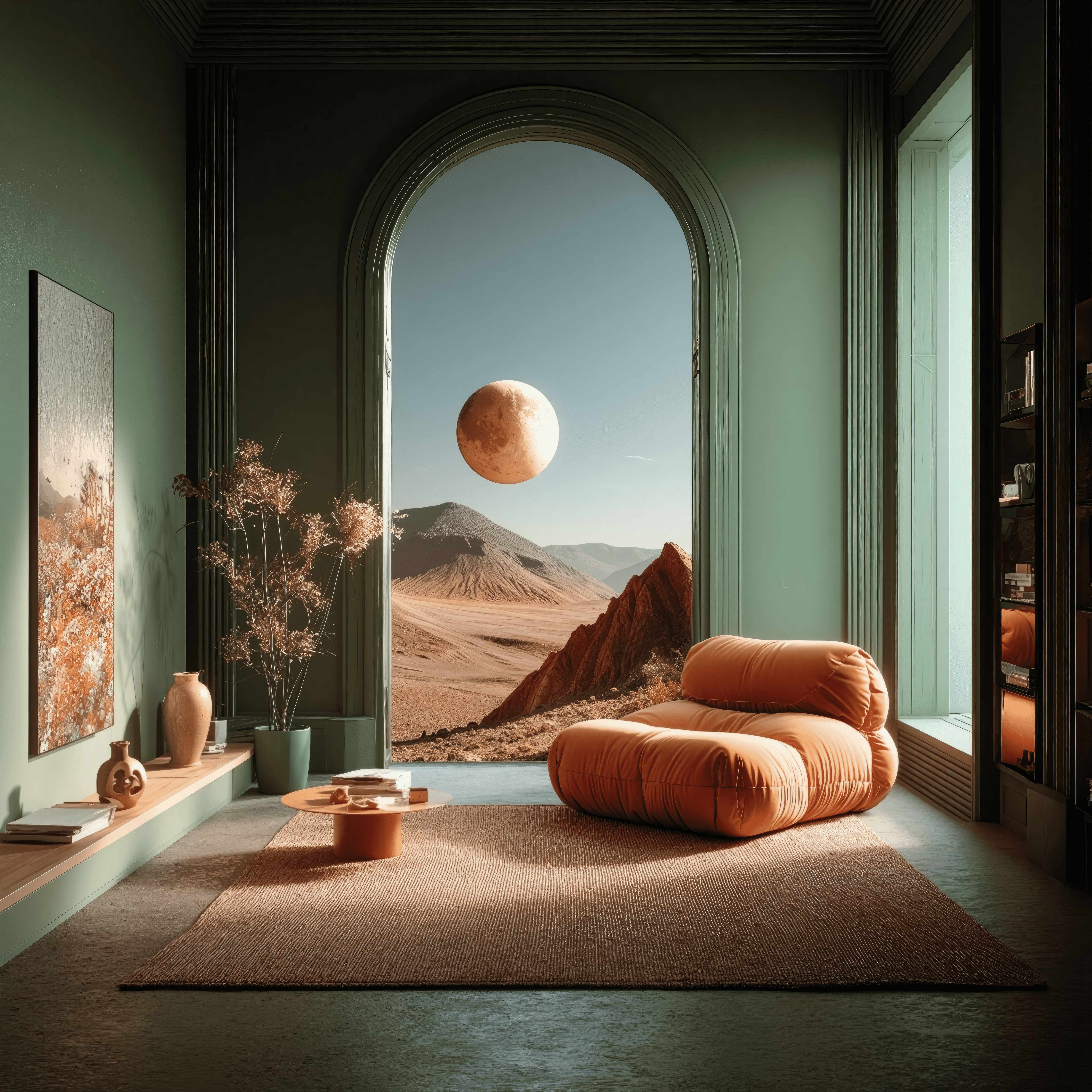 Furlina Studio - Elegant interior with sage green walls and terracotta furniture overlooking surreal landscape